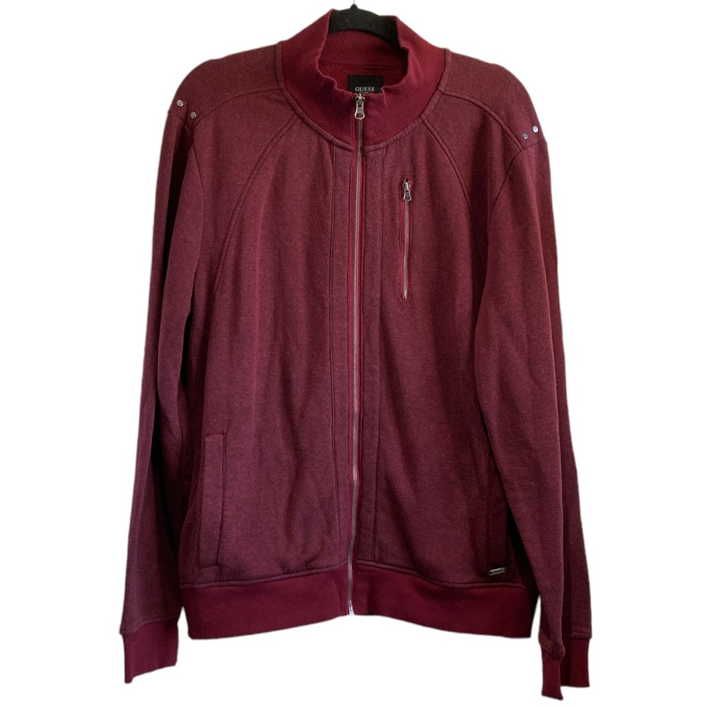 Guess Full Zip Sweater Long Sleeve with Pockets Maroon XL Men's